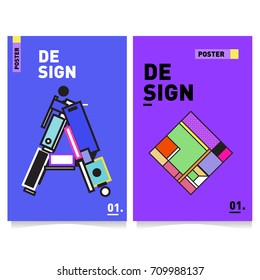 Vector covers design set with retro style. Cool geometric memphis style poster template with alphabets. Summer and autumn design template.