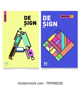 Vector covers design set with retro style. Cool geometric memphis style poster template with alphabets. Summer and autumn design template.