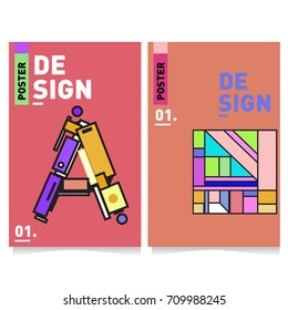 Vector covers design set with retro style. Cool geometric memphis style poster template with alphabets. Summer and autumn design template.