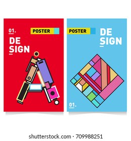 Vector covers design set with retro style. Cool geometric memphis style poster template with alphabets. Summer and autumn design template.
