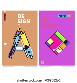 Vector covers design set with retro style. Cool geometric memphis style poster template with alphabets. Summer and autumn design template.