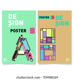 Vector covers design set with retro style. Cool geometric memphis style poster template with alphabets. Summer and autumn design template.