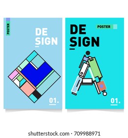 Vector covers design set with retro style. Cool geometric memphis style poster template with alphabets. Summer and autumn design template.