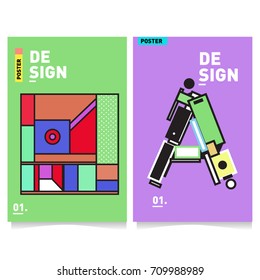 Vector covers design set with retro style. Cool geometric memphis style poster template with alphabets. Summer and autumn design template.
