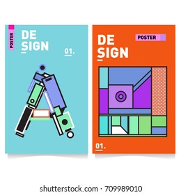 Vector covers design set with retro style. Cool geometric memphis style poster template with alphabets. Summer and autumn design template.