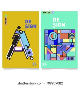 Vector covers design set with retro style. Cool geometric memphis style poster template with alphabets. Summer and autumn design template.