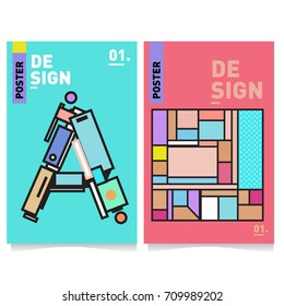 Vector covers design set with retro style. Cool geometric memphis style poster template with alphabets. Summer and autumn design template.