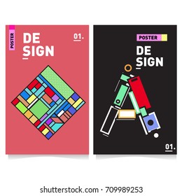 Vector covers design set with retro style. Cool geometric memphis style poster template with alphabets. Summer and autumn design template.