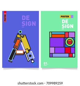 Vector covers design set with retro style. Cool geometric memphis style poster template with alphabets. Summer and autumn design template.