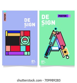 Vector covers design set with retro style. Cool geometric memphis style poster template with alphabets. Summer and autumn design template.