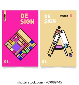 Vector covers design set with retro style. Cool geometric memphis style poster template with alphabets. Summer and autumn design template.