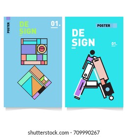 Vector covers design set with retro style. Cool geometric memphis style poster template with alphabets. Summer and autumn design template.