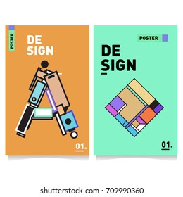 Vector covers design set with retro style. Cool geometric memphis style poster template with alphabets. Summer and autumn design template.