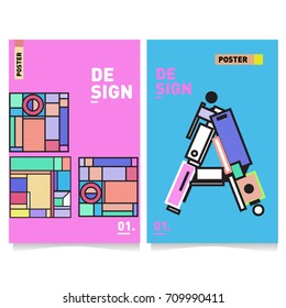 Vector covers design set with retro style. Cool geometric memphis style poster template with alphabets. Summer and autumn design template.