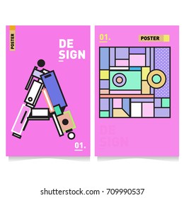 Vector covers design set with retro style. Cool geometric memphis style poster template with alphabets. Summer and autumn design template.