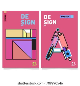 Vector covers design set with retro style. Cool geometric memphis style poster template with alphabets. Summer and autumn design template.