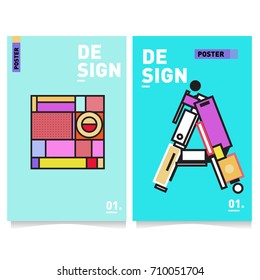 Vector covers design set with retro style. Cool geometric memphis style poster template with alphabets. Summer and autumn design template.