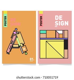 Vector covers design set with retro style. Cool geometric memphis style poster template with alphabets. Summer and autumn design template.