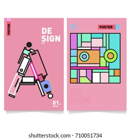 Vector covers design set with retro style. Cool geometric memphis style poster template with alphabets. Summer and autumn design template.