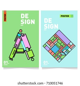 Vector covers design set with retro style. Cool geometric memphis style poster template with alphabets. Summer and autumn design template.