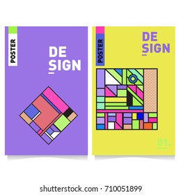 Vector covers design set with retro style. Cool geometric memphis style poster template with alphabets. Summer and autumn design template.
