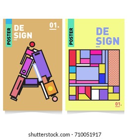Vector covers design set with retro style. Cool geometric memphis style poster template with alphabets. Summer and autumn design template.