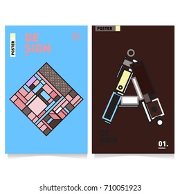 Vector covers design set with retro style. Cool geometric memphis style poster template with alphabets. Summer and autumn design template.