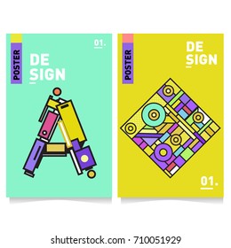 Vector covers design set with retro style. Cool geometric memphis style poster template with alphabets. Summer and autumn design template.