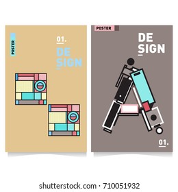 Vector covers design set with retro style. Cool geometric memphis style poster template with alphabets. Summer and autumn design template.