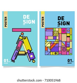 Vector covers design set with retro style. Cool geometric memphis style poster template with alphabets. Summer and autumn design template.