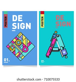 Vector covers design set with retro style. Cool geometric memphis style poster template with alphabets. Summer and autumn design template.