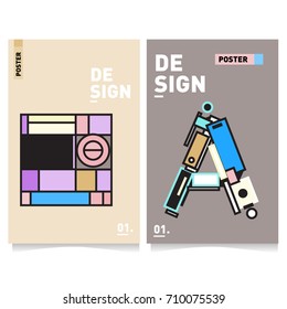 Vector covers design set with retro style. Cool geometric memphis style poster template with alphabets. Summer and autumn design template.