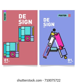 Vector covers design set with retro style. Cool geometric memphis style poster template with alphabets. Summer and autumn design template.