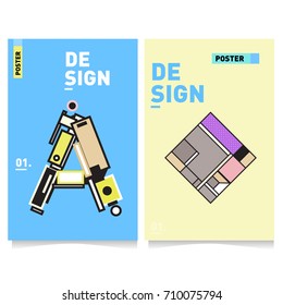 Vector covers design set with retro style. Cool geometric memphis style poster template with alphabets. Summer and autumn design template.