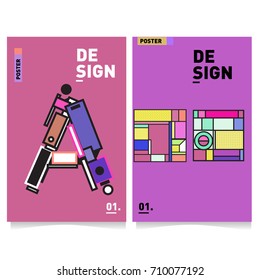 Vector covers design set with retro style. Cool geometric memphis style poster template with alphabets. Summer and autumn design template.