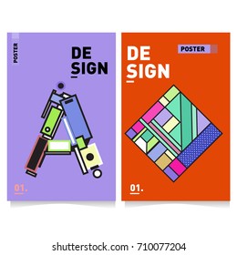 Vector covers design set with retro style. Cool geometric memphis style poster template with alphabets. Summer and autumn design template.