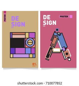 Vector covers design set with retro style. Cool geometric memphis style poster template with alphabets. Summer and autumn design template.