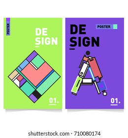 Vector covers design set with retro style. Cool geometric memphis style poster template with alphabets. Summer and autumn design template.