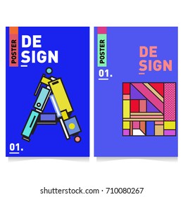 Vector covers design set with retro style. Cool geometric memphis style poster template with alphabets. Summer and autumn design template.
