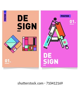 Vector covers design set with retro style. Cool geometric memphis style poster template with alphabets. Summer and autumn design template.
