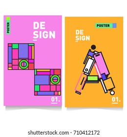 Vector covers design set with retro style. Cool geometric memphis style poster template with alphabets. Summer and autumn design template.