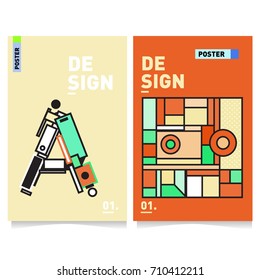 Vector covers design set with retro style. Cool geometric memphis style poster template with alphabets. Summer and autumn design template.