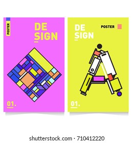Vector covers design set with retro style. Cool geometric memphis style poster template with alphabets. Summer and autumn design template.