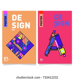 Vector covers design set with retro style. Cool geometric memphis style poster template with alphabets. Summer and autumn design template.