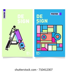 Vector covers design set with retro style. Cool geometric memphis style poster template with alphabets. Summer and autumn design template.