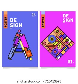 Vector covers design set with retro style. Cool geometric memphis style poster template with alphabets. Summer and autumn design template.
