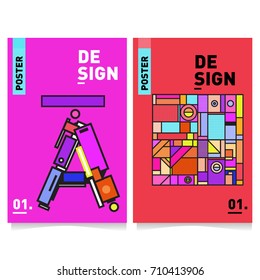 Vector covers design set with retro style. Cool geometric memphis style poster template with alphabets. Summer and autumn design template.