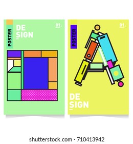 Vector covers design set with retro style. Cool geometric memphis style poster template with alphabets. Summer and autumn design template.