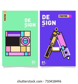 Vector covers design set with retro style. Cool geometric memphis style poster template with alphabets. Summer and autumn design template.