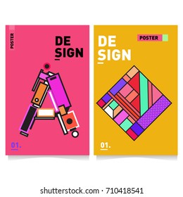 Vector covers design set with retro style. Cool geometric memphis style poster template with alphabets. Summer and autumn design template.